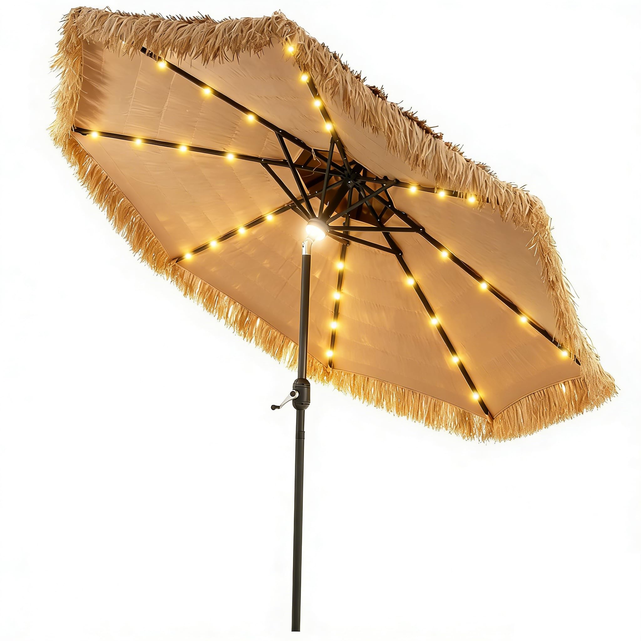 Tangkula 9 ft Thatched Patio Umbrella, 2 Tier Hawaiian Style Grass Beach Umbrella with 32 Led Lights, Center Light, Solar Tiki U
