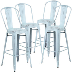 4 Pk. 30 High Distressed Dream Blue Metal Indoor Barstool with Back