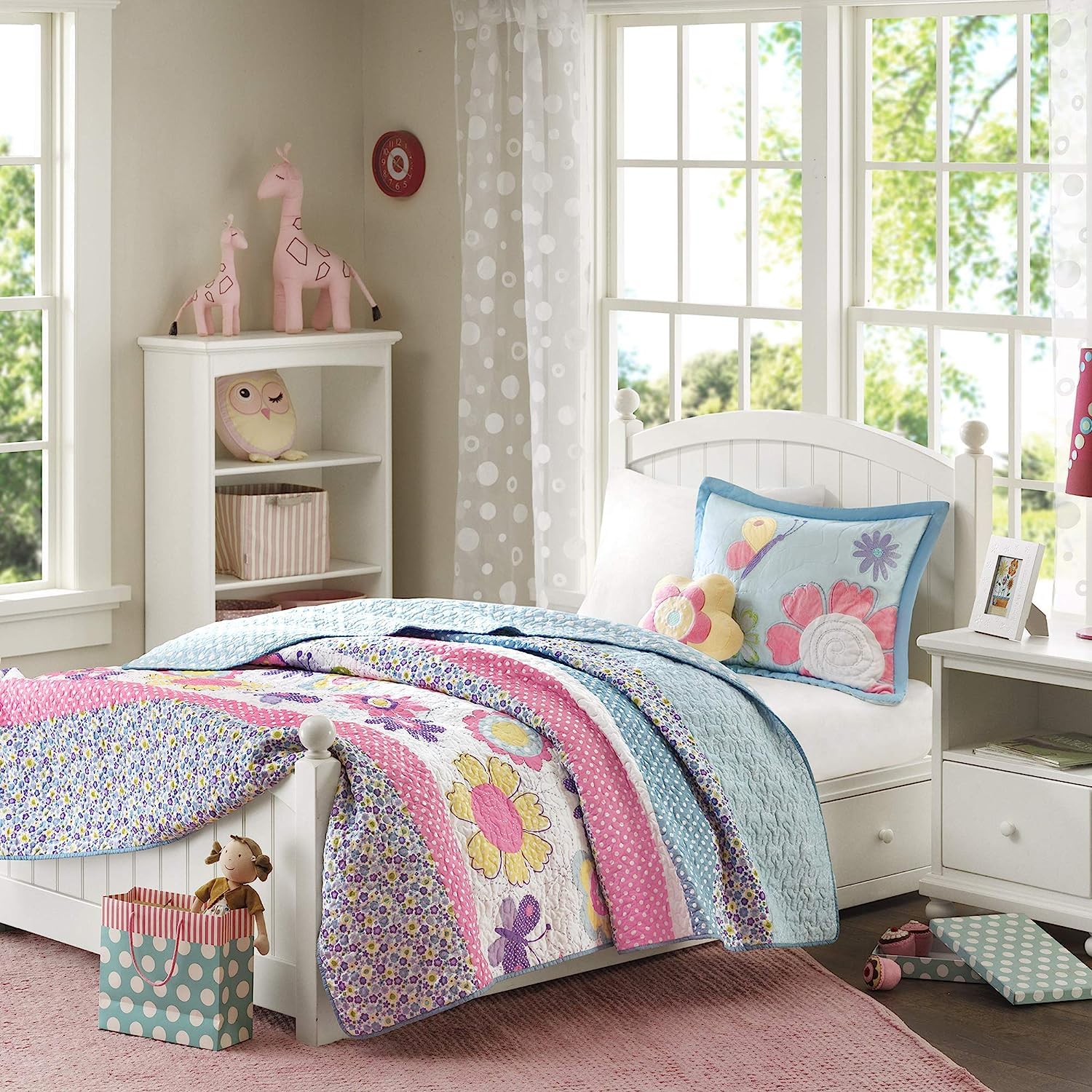 Mi Zone Kids Crazy Daisy Bedding For Girls Quilt Set - Sky Blue, Pink , Flowers, Butterfly - Kids Girls Quilts - Ultra Soft Micr