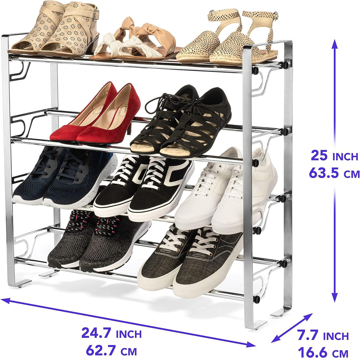 4-Tier Adjustable Expandable Freestanding Shoe Rack with Slide-N-Adjust, Chrome Finish