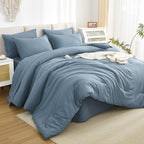 Litanika Comforter Full Size Set Grayish Blue - 7 Pieces Bed In A Bag Full Beddding Comforter Sets, Plain Lightweight Bed Set Wi