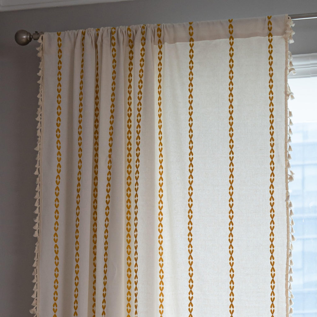 Sutuo Home Boho Curtains For Living Room Bedroom, Semi Blackout Farmhouse Vintage Shabby Chic Tassels Window Treatment Bohemian Embroidery Drape, Rod Pocket 1 Panel 52' W X 96' L, White And Gold