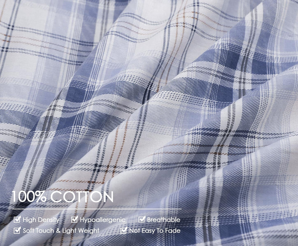 Sleepbella Blue White Plaid Duvet Cover Set, 100% Cotton Bedding, Buffalo Grid Geometric Checker Pattern, With Button Closure (3