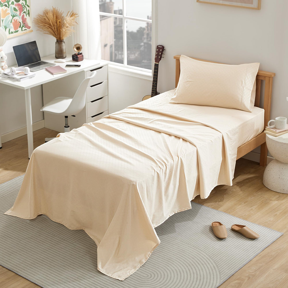 Sleep Zone 3 Pieces Sheet & Pillowcase Sets, Luxury Embossed Sheets Set For Kids, Deep Pocket 16',Super Soft, Wrinkle Free, Fade Resistant, Easy Care (Beige-Four Leaf Clove, Twin)