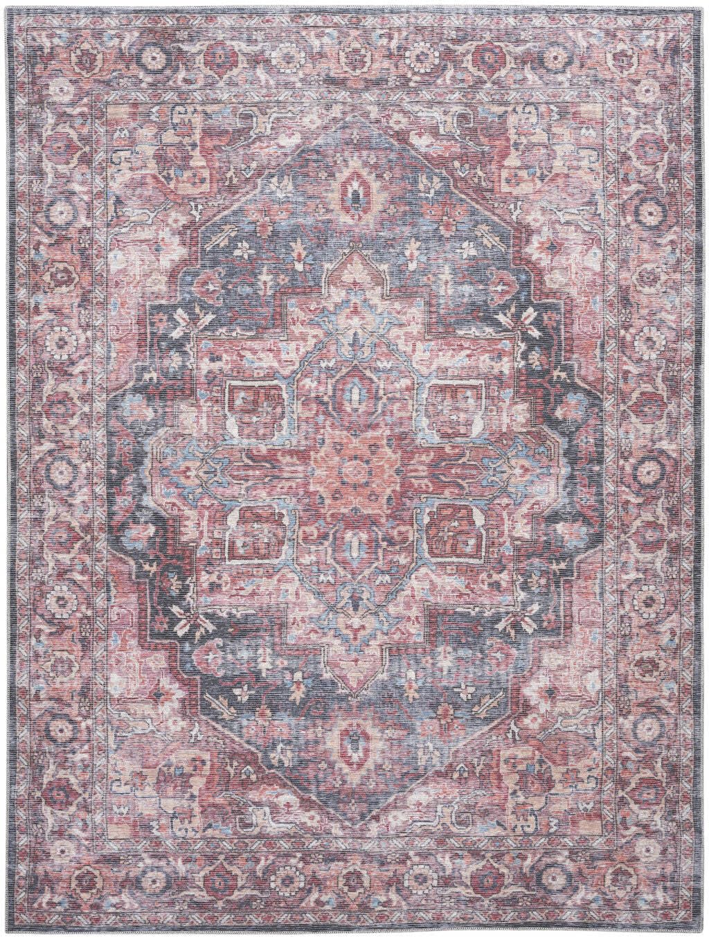 HomeRoots 522430 9 x 12 ft. Red Floral Power Loom Distressed Washable Rectangle Traditional Area Rug