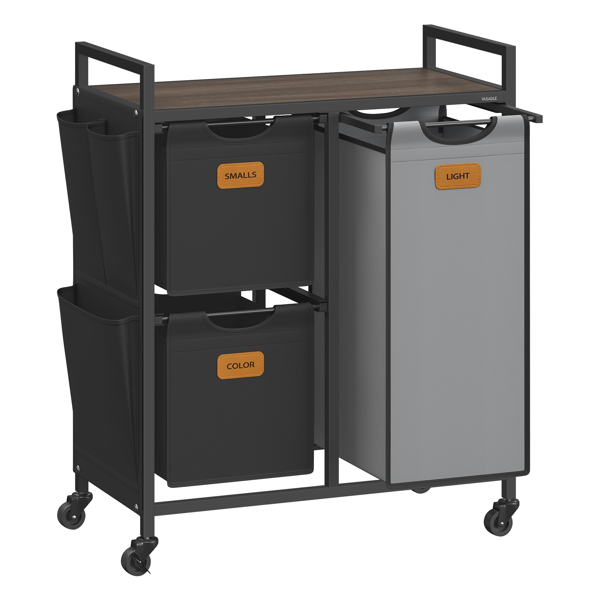 VASAGLE Laundry Hamper with 3 Compartments, 26.4 Gal. (100 L) Laundry Sorter, Rolling Laundry Cart with Shelves, Small Side Pock