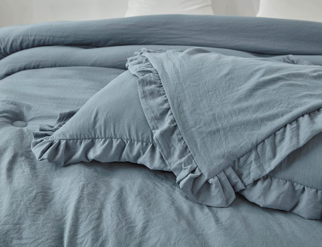 Chezmoi Collection Nora 2-Piece Ruffled Edge Trim Soft Washed Microfiber Comforter Set (Twin, Dusty Blue)