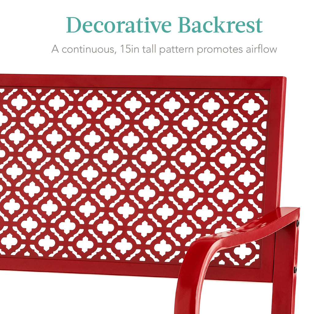 Best Choice Products Outdoor Bench 2-Person Metal Steel Benches Furniture For Garden, Patio, Porch, Entryway W/Geometric Backrest, 790Lb Capacity - Rose Red