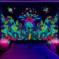 Jawo Alien Blacklight Tapestry, Magical Trippy Psychedelic Mushroom Ufo Fantasy Uv Tapestry, Cool Tapestry Black Light Posters C