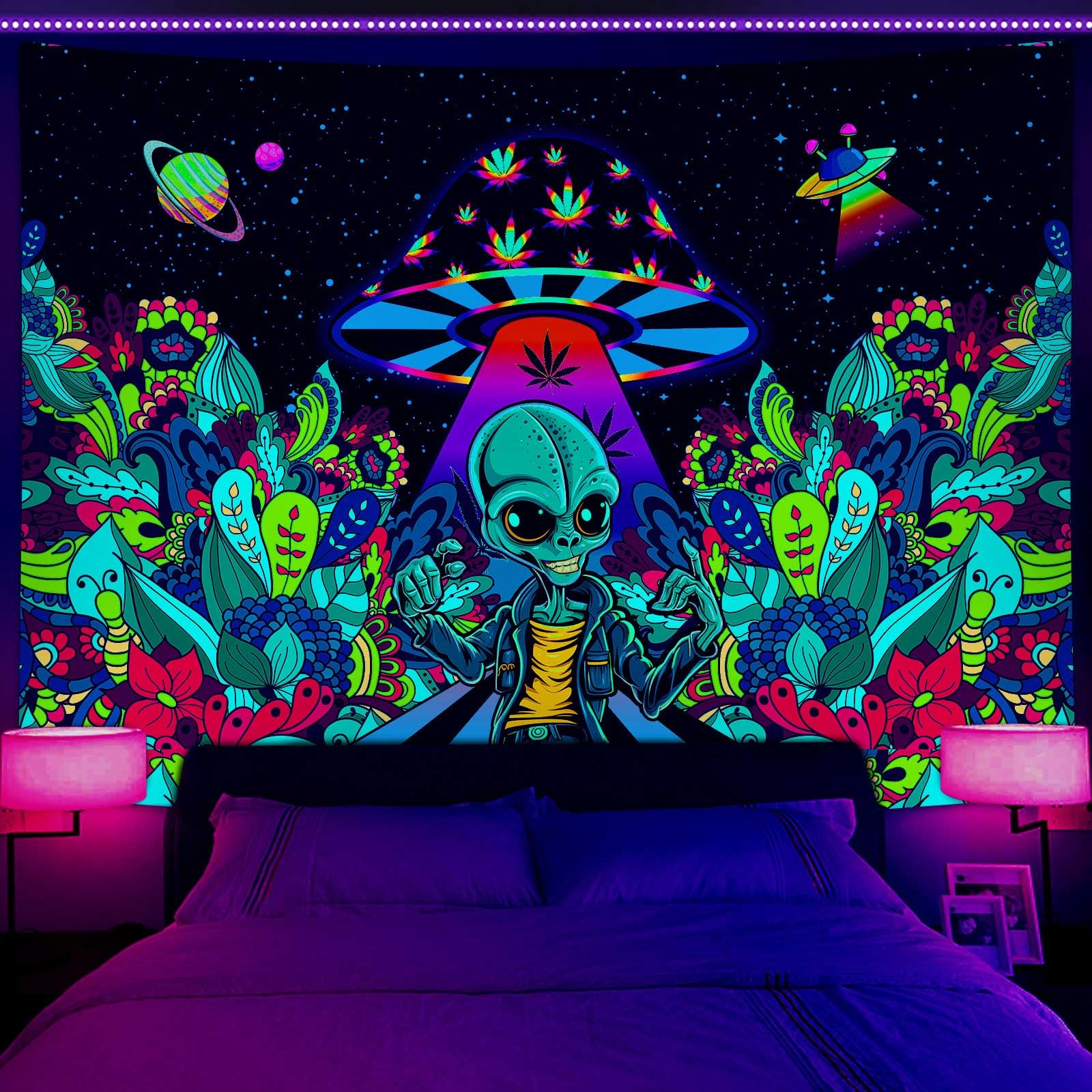 Jawo Alien Blacklight Tapestry, Magical Trippy Psychedelic Mushroom Ufo Fantasy Uv Tapestry, Cool Tapestry Black Light Posters C