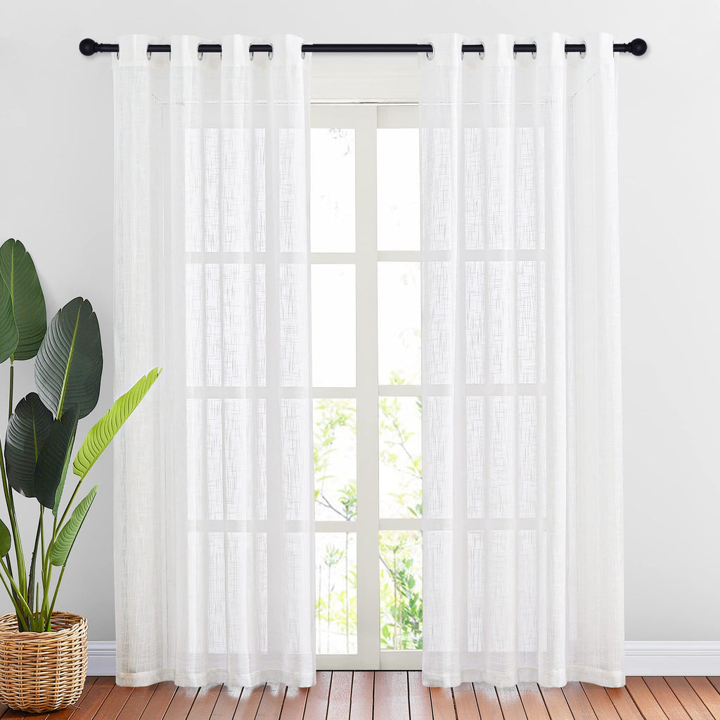 Nicetown White Sheer Linen Curtains For Windows 84 Inch Length, Grommet Top Semi Sheer Vertical Drapes Privacy With Light Filter