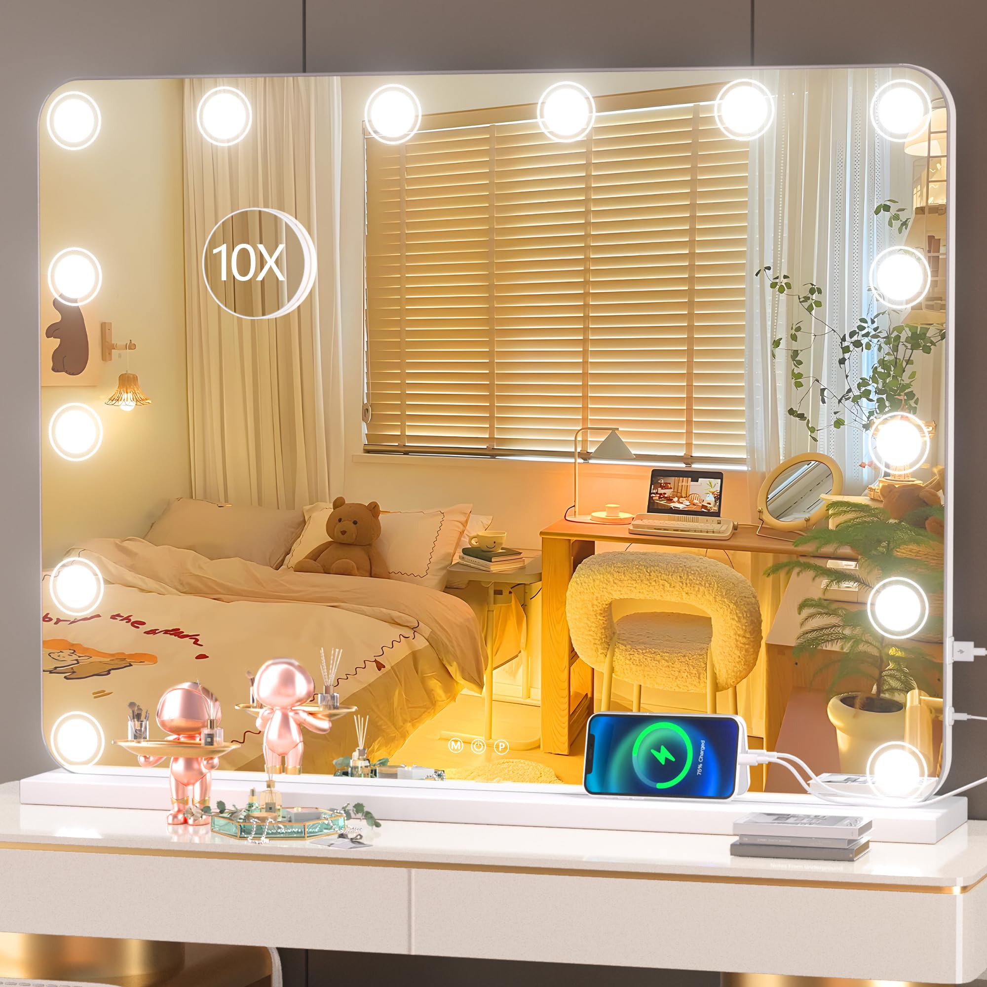 Hasipu Vanity Mirror with Lights, 32 x 24 Makeup Mirror, Light up Mirror with 14 Dimmable LED Lights and 10X Magnification, 3 Co