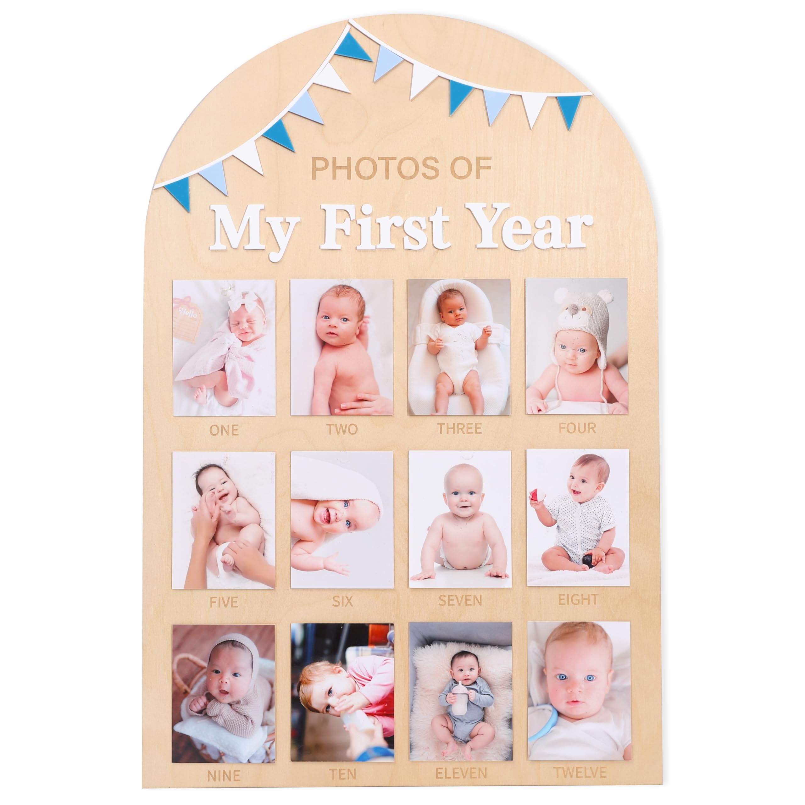 Photos of My First Year Wood Board - Newborn 1 to 12 Months Photo Display,1st Birthday Growth Photos Record Sign,Monthly Milesto