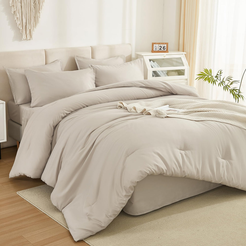 Litanika Comforter Full Size Set Tannish Grey - 7 Pieces Bed In A Bag Full Beddding Comforter Sets, Plain Lightweight Bed Set Wi