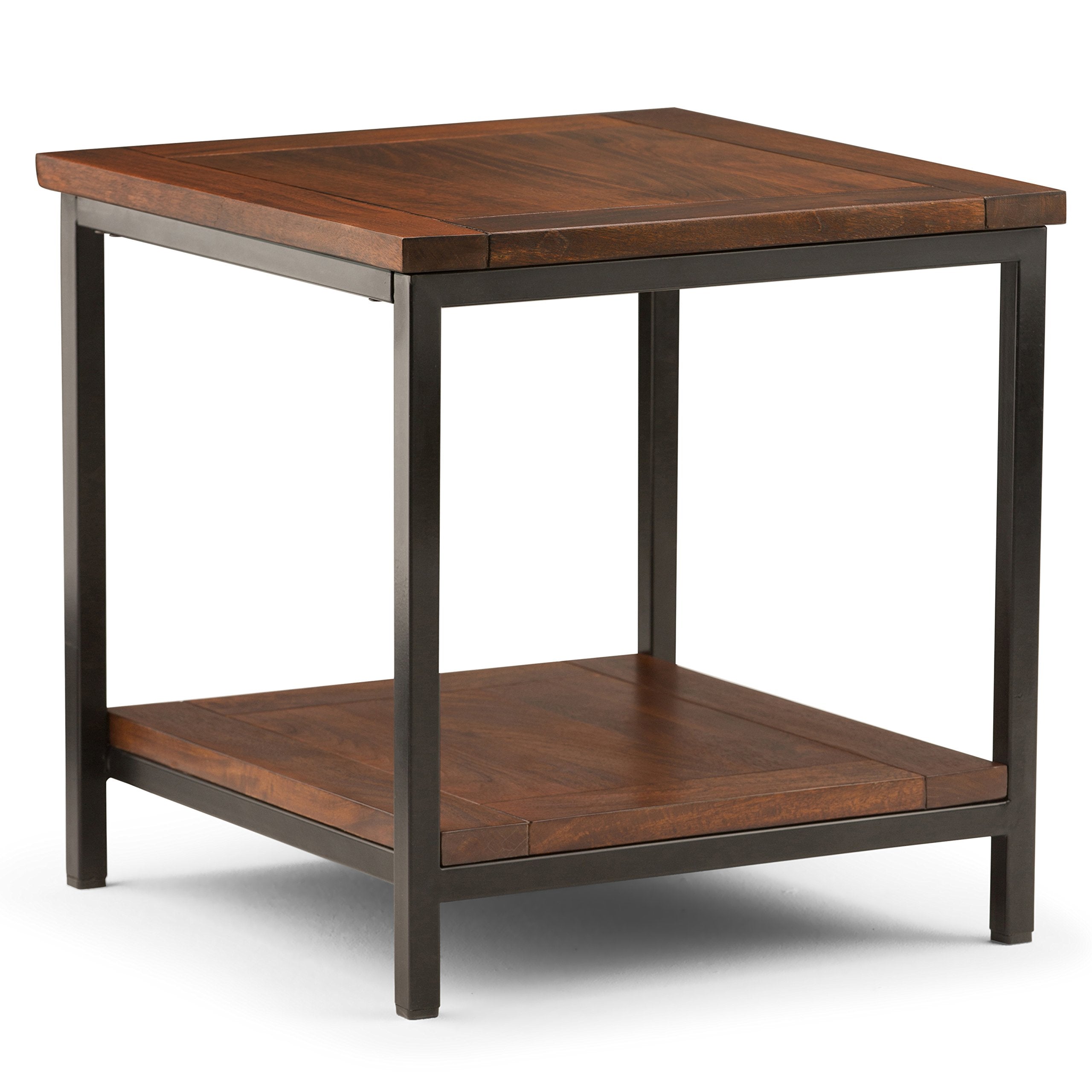 SIMPLIHOME Skyler Solid Mango Wood and Metal 22 inch wide Square End Table Industrial End Side Table in Dark cognac Brown with S