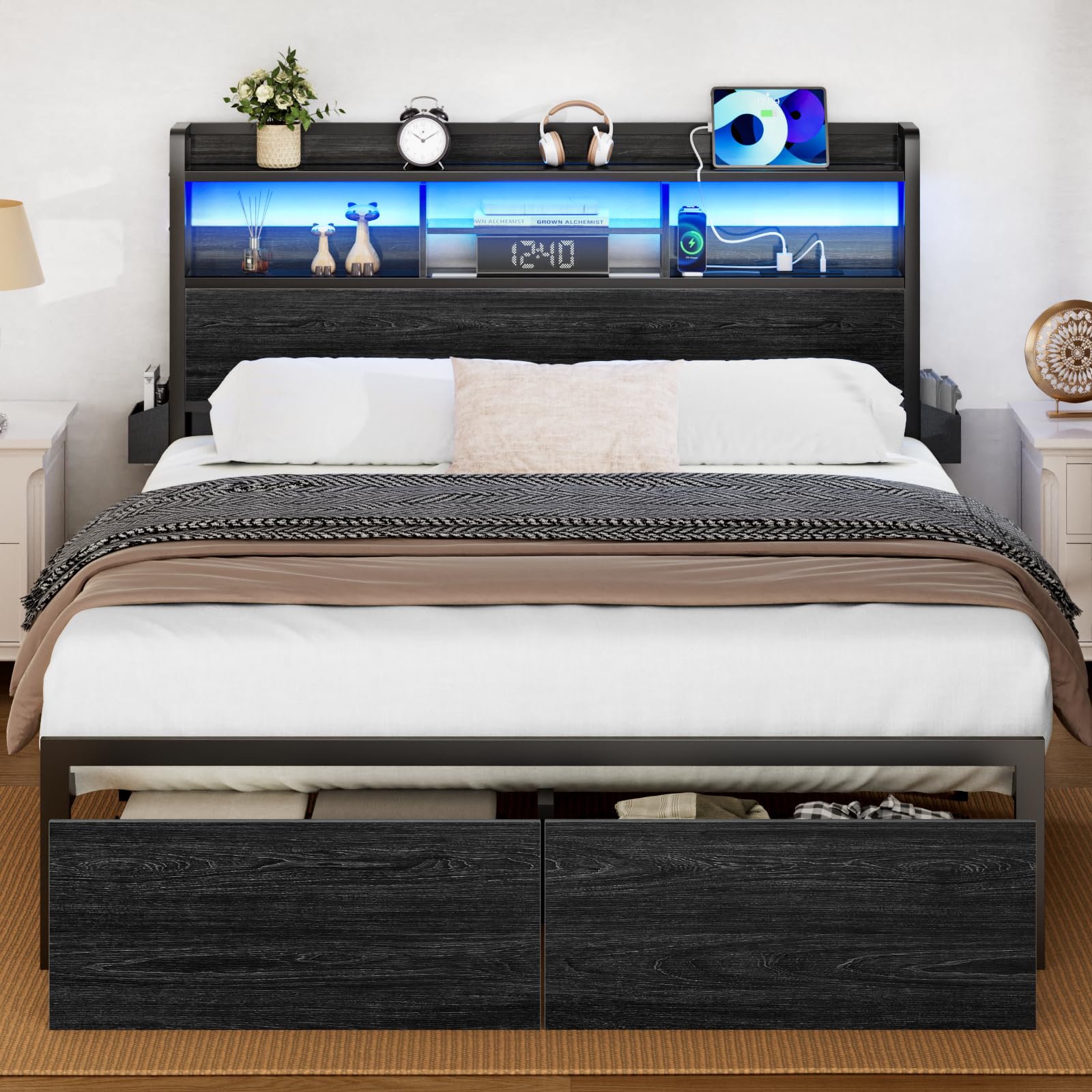 Furnulem Full Size Bed Frame with Wood Headboard, Metal Platform Bed Frame Full Size with Storage Drawers and Shelf, LED Lights 