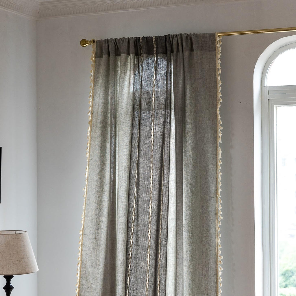 Sutuo Home Boho Curtains 108 Inch For Bedroom Living Room, Semi Blackout Linen Farmhouse Shabby Chic Tassels Window Treatment Bohemian Embroidery Drape, Rod Pocket 1 Panel 52' W X 108' L, Gray Linen