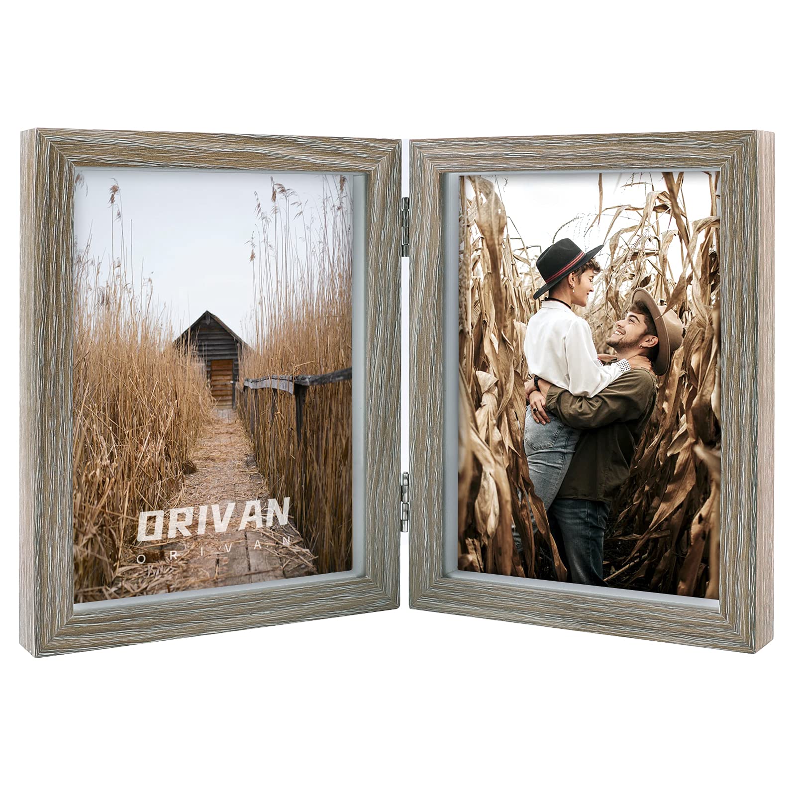 ORIVAN Double 5x7 Picture Frame Hinged Frame Vertical MDF Wood Photo Frames with Glass Front (Gray)