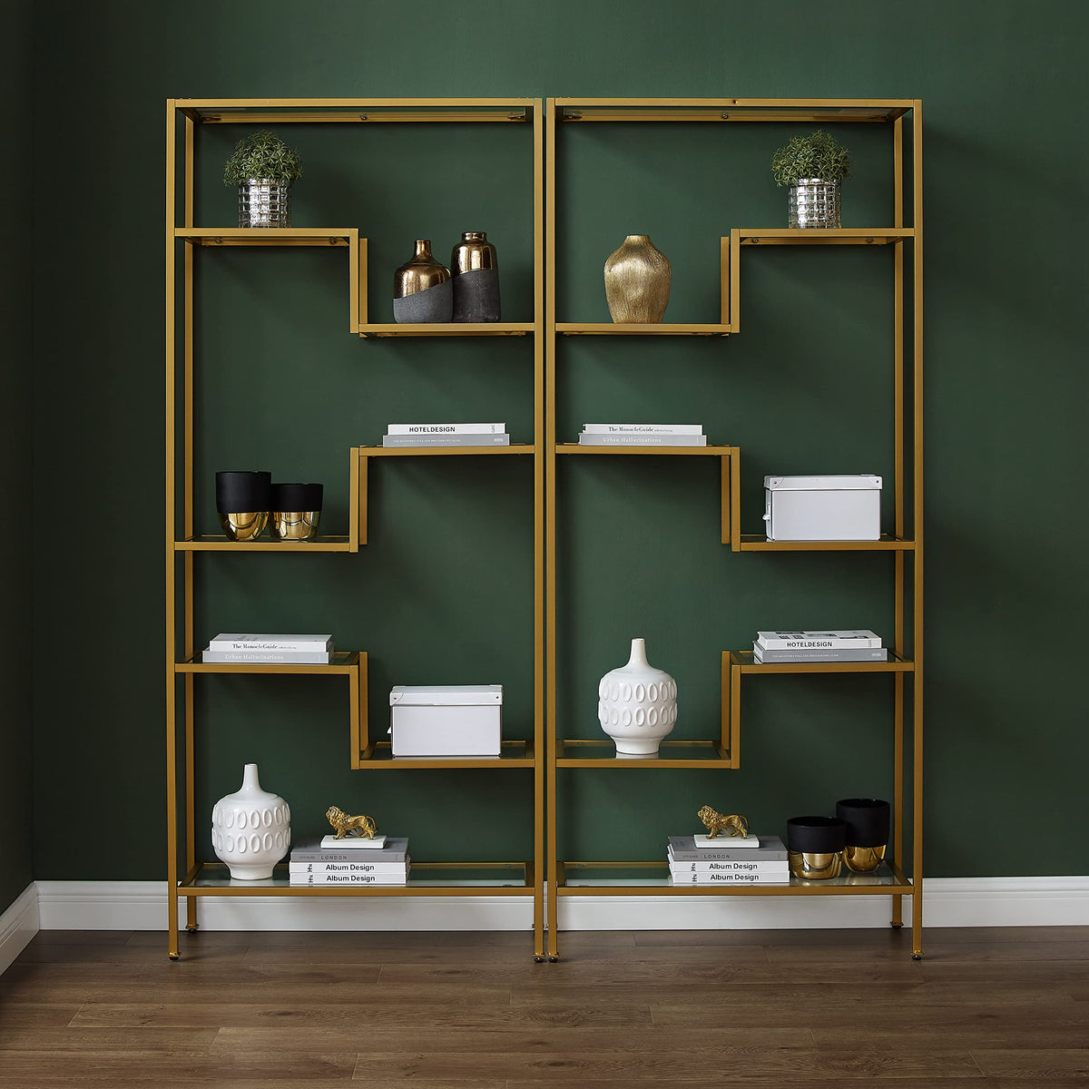 Crosley Furniture Sloane 2-Piece Bookshelf Set with Glass Shelves, Bookcase Storage, Gold