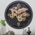 CLXEAST 24 Inch Moving Gear Wall Clock with World Map,Large Black Gold Metal Wall Clock for Modern Farmhouse Living Room Decor, 