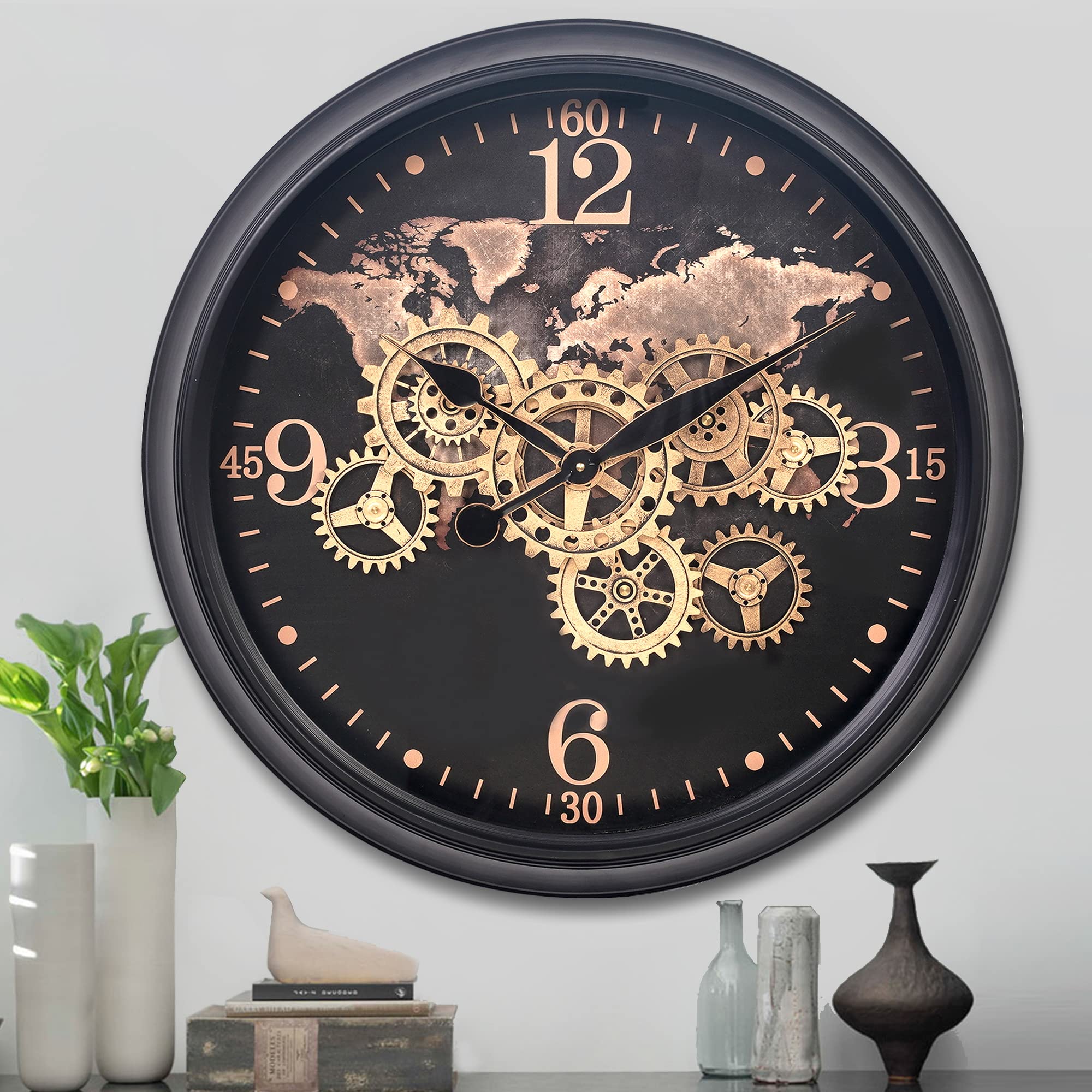 CLXEAST 24 Inch Moving Gear Wall Clock with World Map,Large Black Gold Metal Wall Clock for Modern Farmhouse Living Room Decor, 