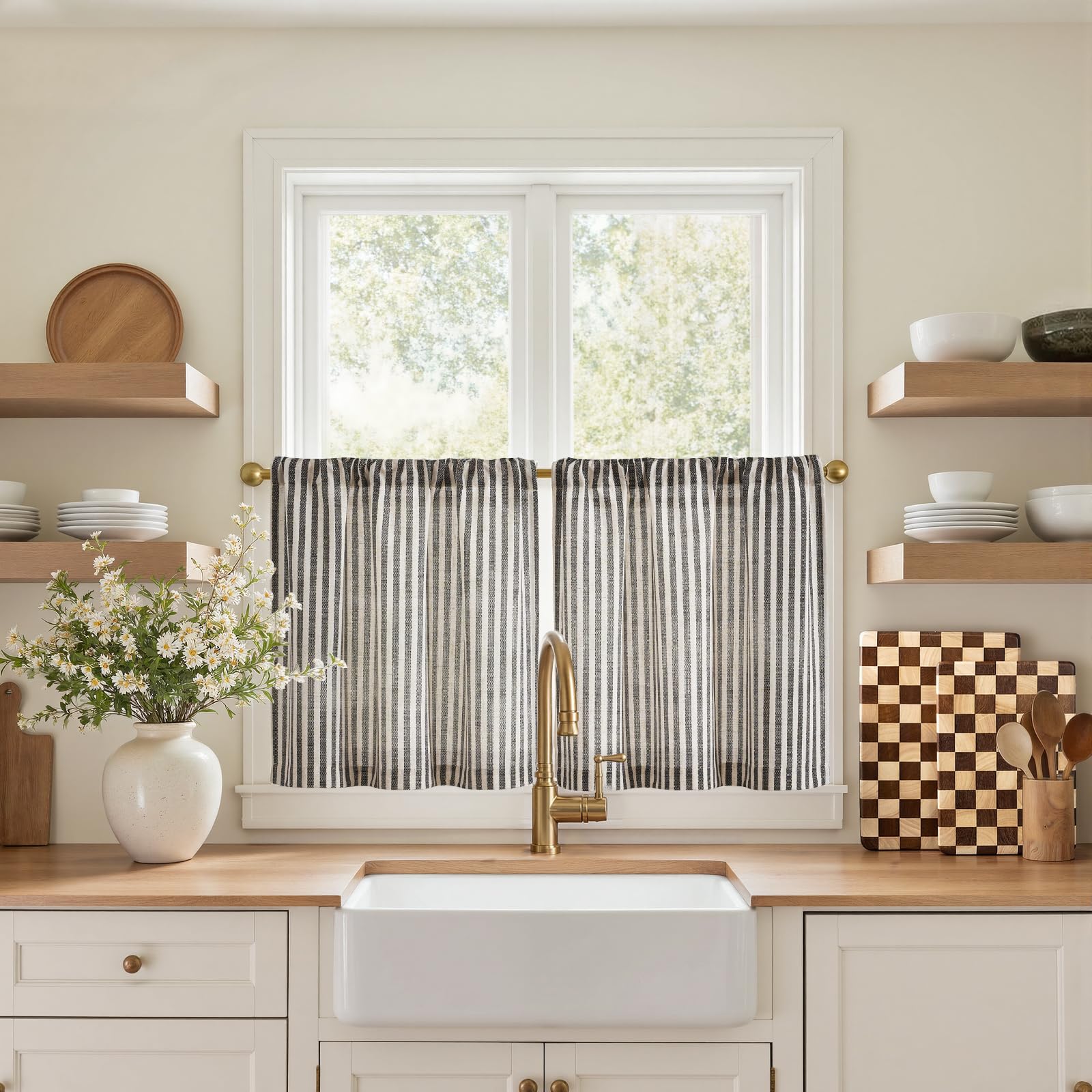 jinchan Striped Linen Kitchen Curtains 20 Inches Length Tier Curtains Farmhouse Modern Cafe Small Window Treatments Airy Light F
