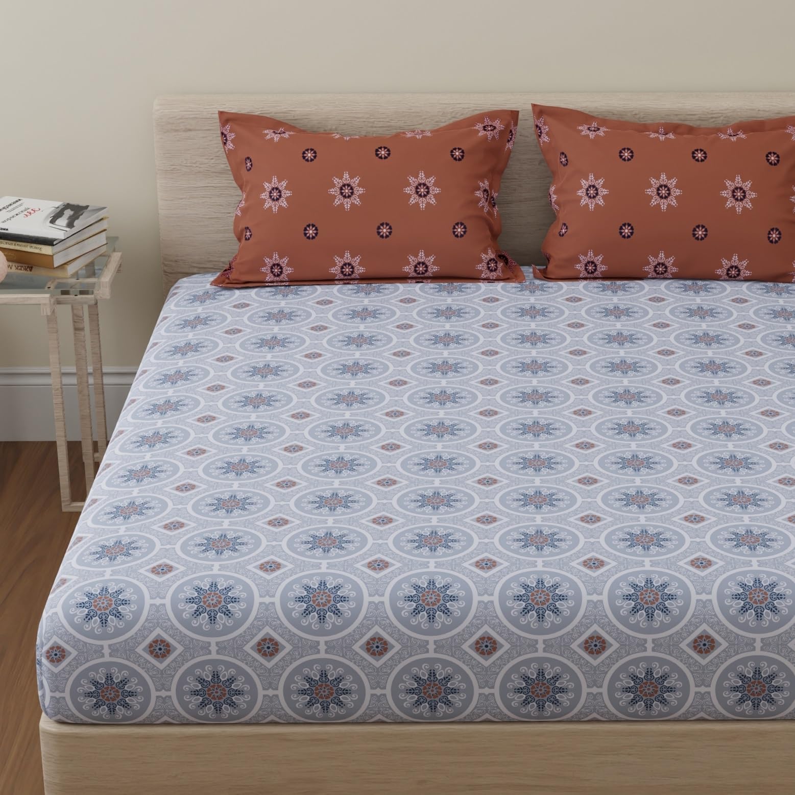 Huesland By Ahmedabad Cotton 144 Tc Bedsheet For Double Bed Queen Size With 2 Pillow Covers | Mandala | Brown & Grey