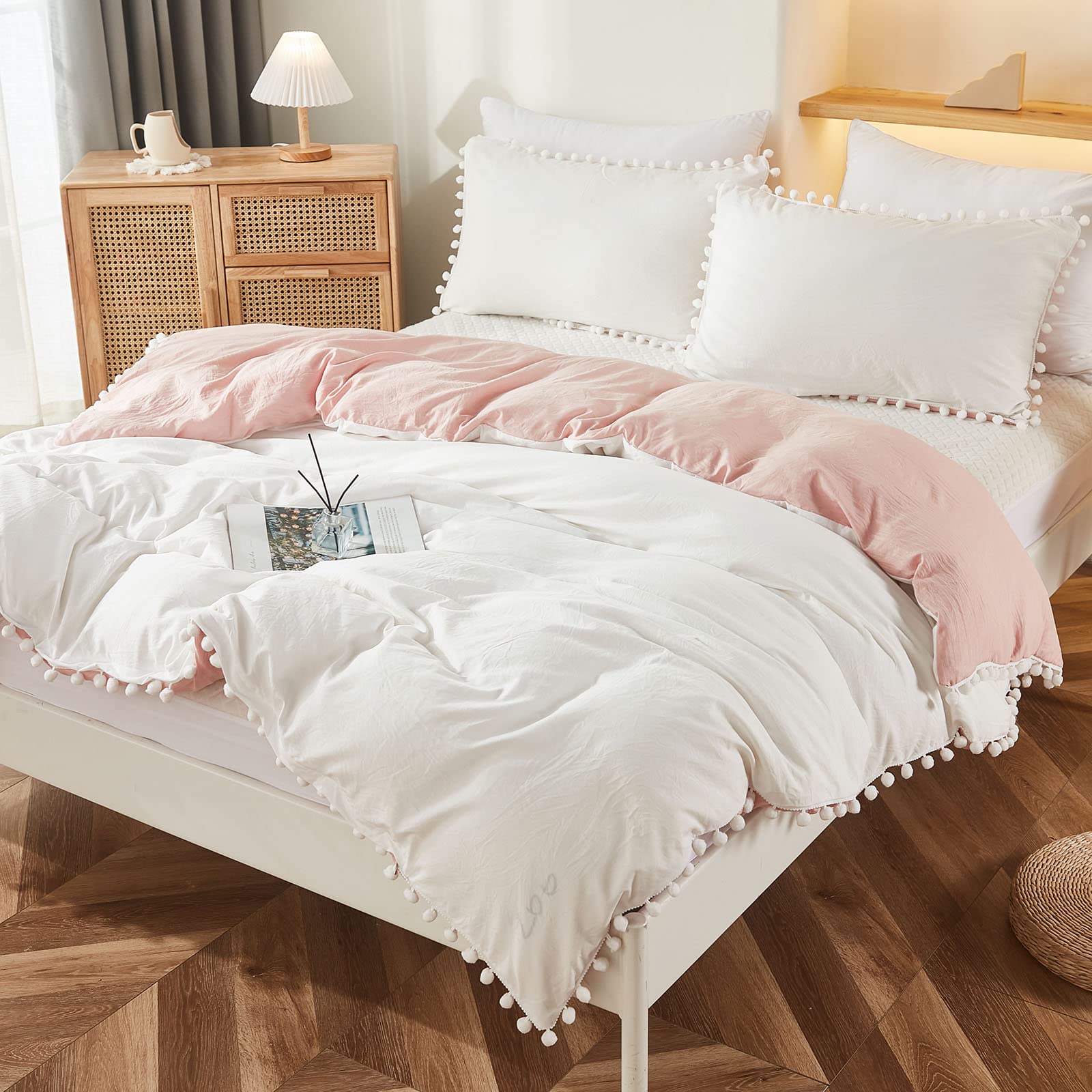 Bedbay Pink And White Duvet Cover Girls Bedding Twin Preppy Bedding Boys Kids Cute Pom Pom Bedding Set Aesthetic Room Decor Ultr