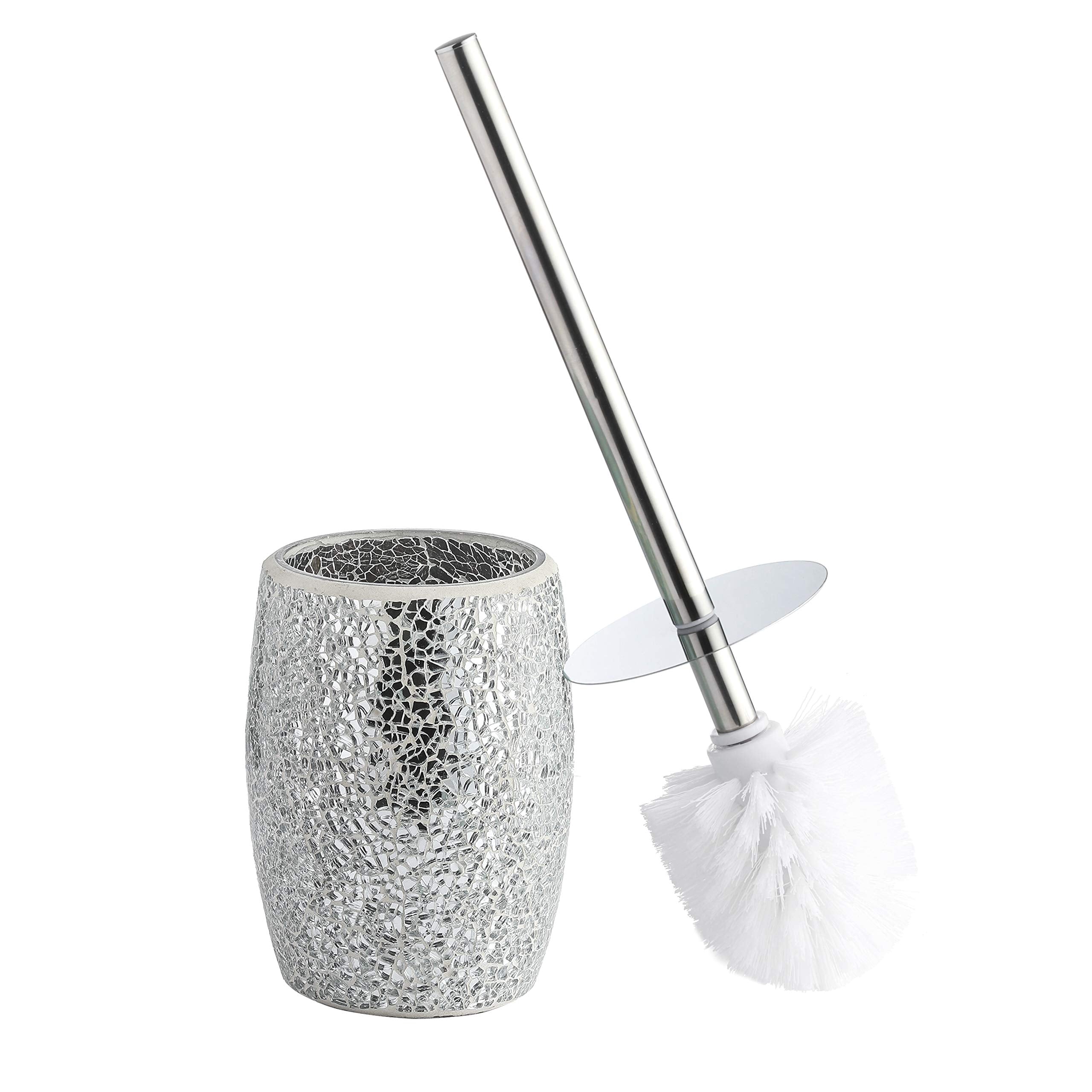 WHOLE HOUSEWARES Modern Toilet Brush Set (Silver) - Glass Mosaic Bathroom Accessory with Sturdy Bristles and Holder