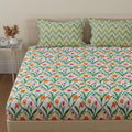 Huesland By Ahmedabad Cotton 144 Tc Double Bed Bedsheet Cotton With 2 Pillow Covers | Botanical Chevron | Green, Yellow & White