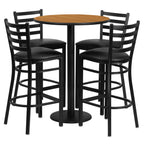 Flash Furniture Jamie 30'' Round Natural Laminate Table Set with Round Base and 4 Ladder Back Metal Barstools - Black Vinyl Seat