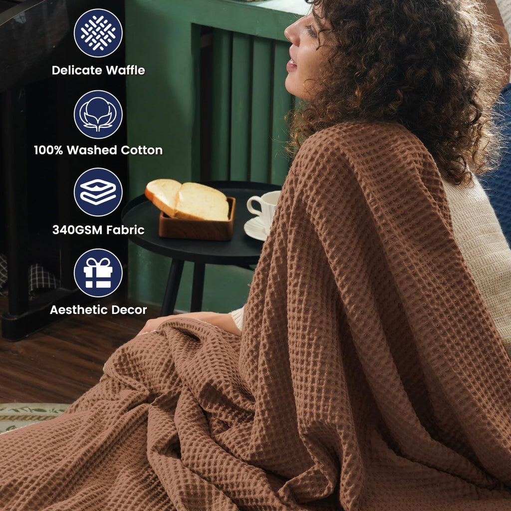 Phf 100% Cotton Waffle Weave Blanket King Size 104' X 90' - Lightweight Cozy Washed Soft Breathable Throw - Perfect Layer For Couch Bed Sofa - Elegant Aesthetic Home Decoration Gift - Cappuccino