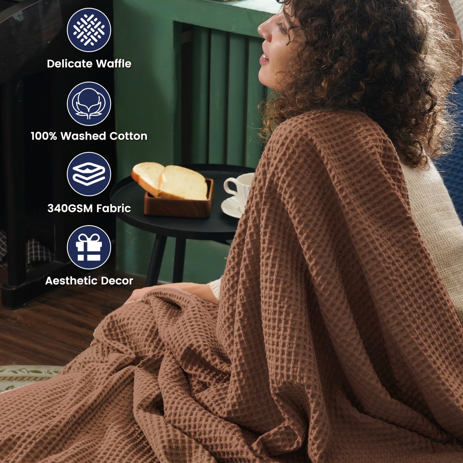 Phf 100% Cotton Waffle Weave Blanket King Size 104' X 90' - Lightweight Cozy Washed Soft Breathable Throw - Perfect Layer For Couch Bed Sofa - Elegant Aesthetic Home Decoration Gift - Cappuccino