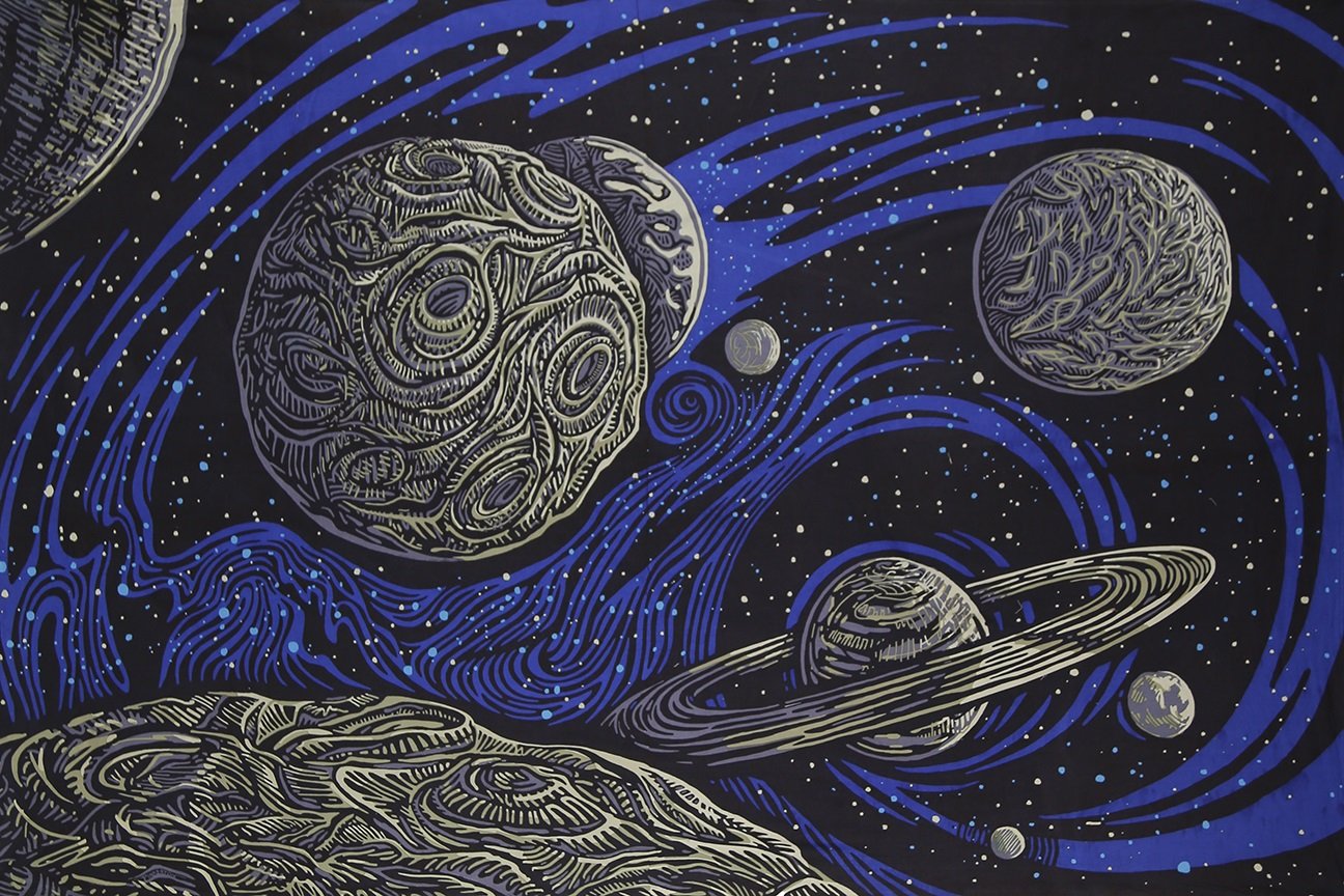 Sunshine Joy 3D Galactic Outer Space Planetary Psych Art Tapestry Wall Hanging Huge 60X90 Inches