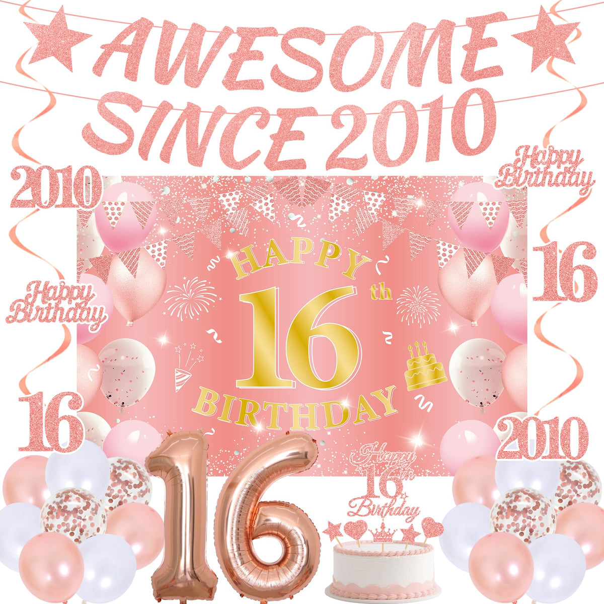 16th Birthday Gifts Decorations for Girls  33 Pieces Rose Gold Awesome Since 2010 Banner Happy 16th Birthday Backdrop Banner Ba