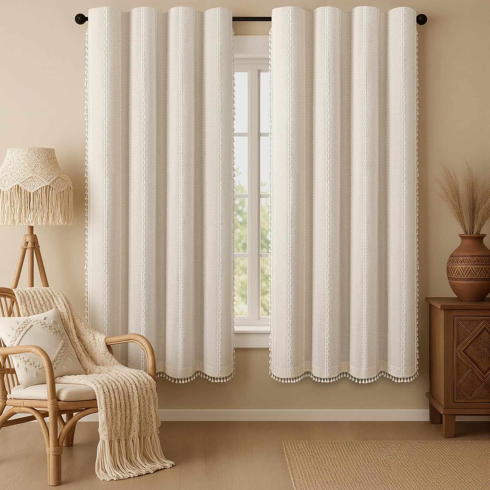 XOGUIBO Boho Blackout Curtains 72 Inches Long Beige Linen Blend 2 Panels with Tassels and Cotton Embroidery, Farmhouse Vintage R