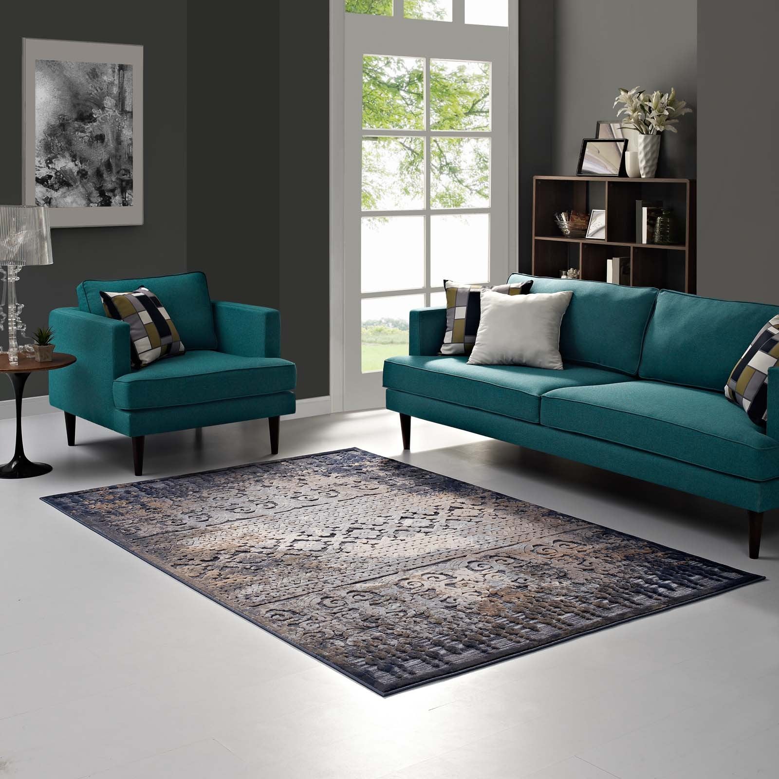 Modway Kalene Distressed Vintage Turkish 5X8 Area Rug In Blue, Rust And Cream