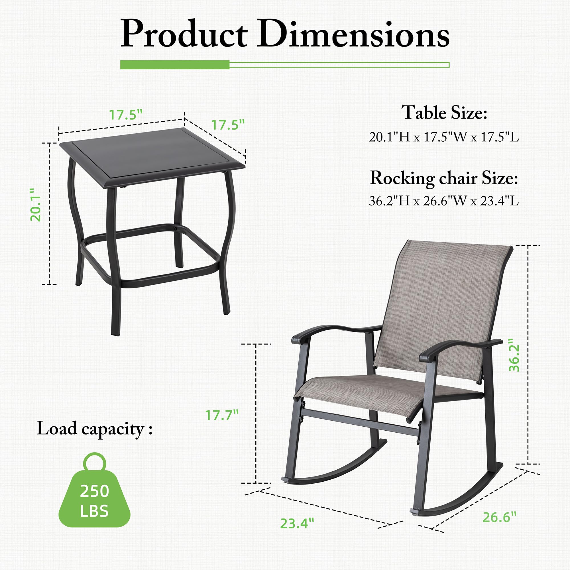 Shintenchi 3 Piece Rocking Bistro Set, Outdoor Furniture With Rocker Chairs And Glass Coffee Table Set Of 3, Balcony, Porch Furniture For Small Space, Gray