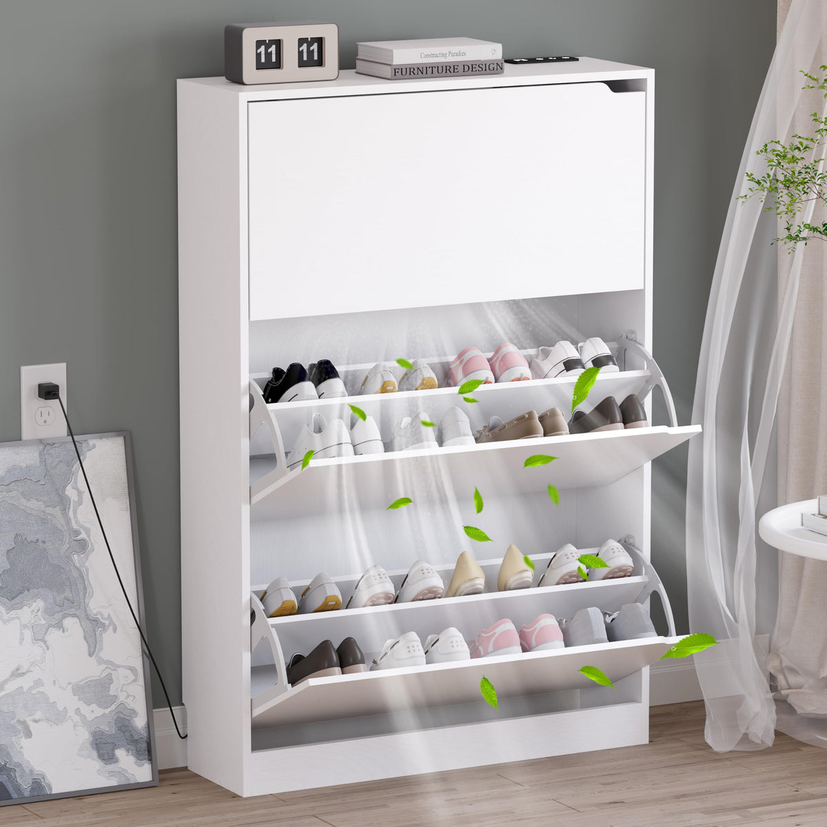 BORNOON Shoe Cabinet with Odor Control and Back Panels, Deodorizing Slim 3-Flip Shoe Storage Cabinet for Entryway, Freestanding 
