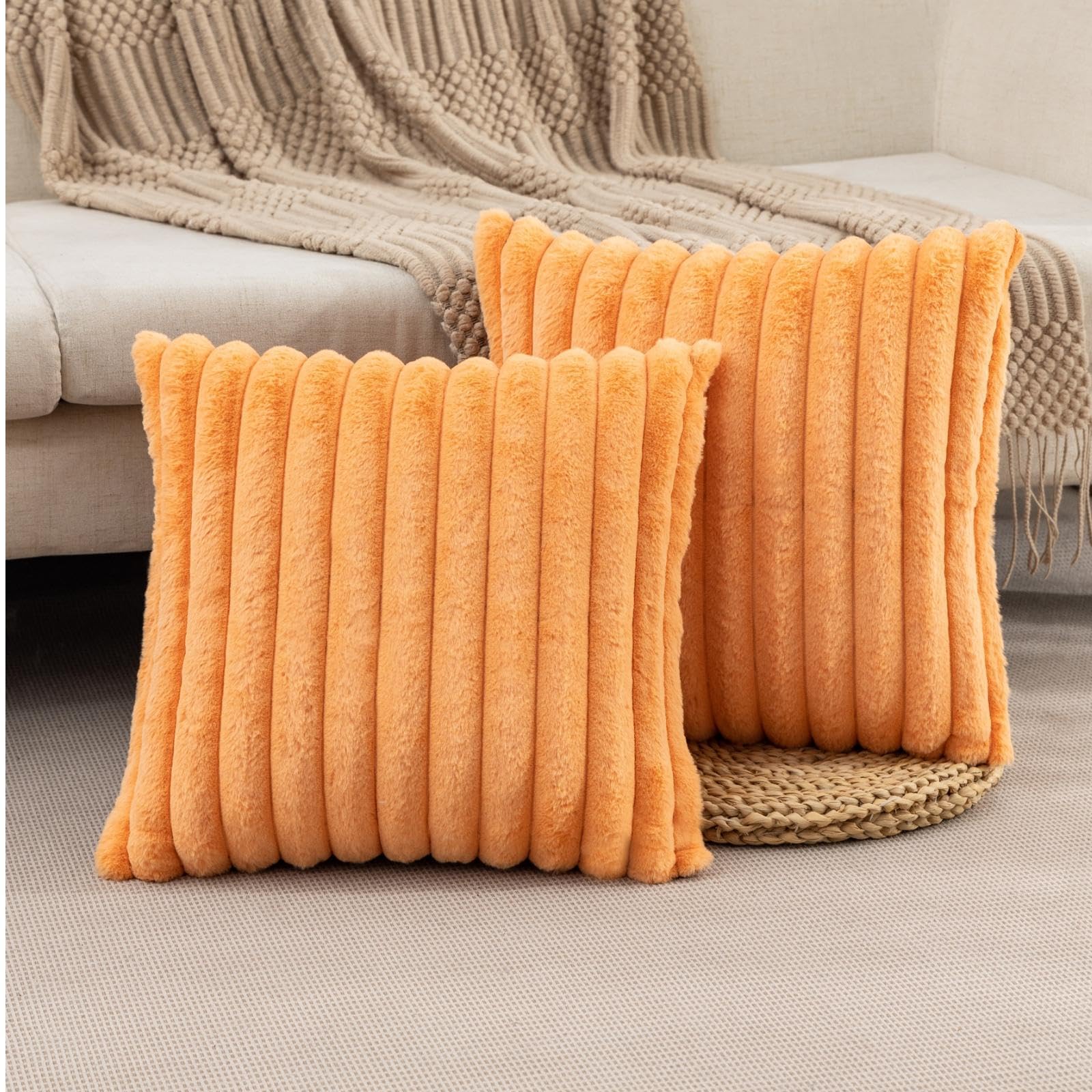 Zlina Set Of 2 Faux Fur Plush Decorative Throw Pillow Covers Fluffy Striped Pillowcase Cushion Covers For Sofa Couch Bedroom Liv