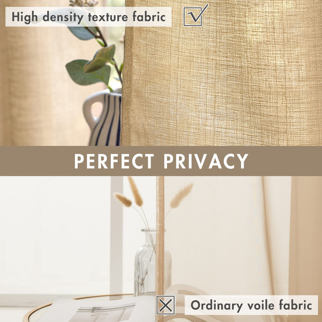 Miulee Tan Brown Faux Linen Textured Semi Sheer Curtains 2 Panels Set For Bedroom Living Room, Light Filtering Privacy Curtains