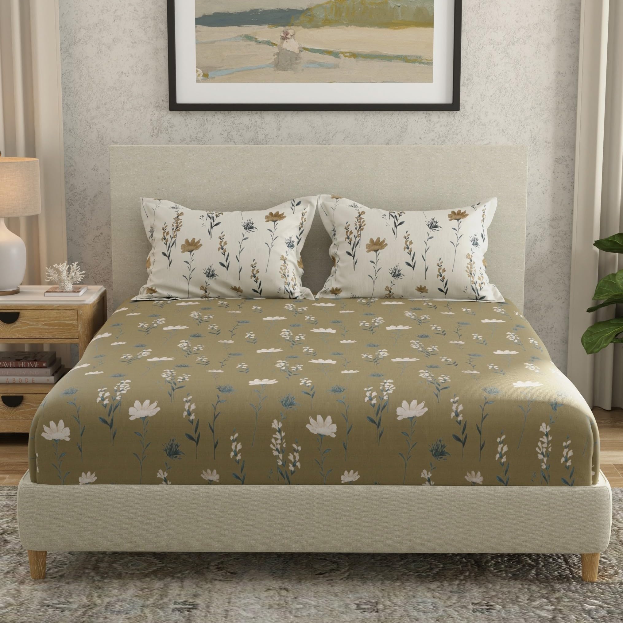 Huesland By Ahmedabad Cotton 144 Tc Double Bedsheet Cotton With 2 Pillow Covers | Olive Green, White