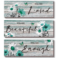 ONIZHITY 3 Pcs Teal Bathroom Decor Teal Daisy Floral Wooden Wall Decor Positive Quotes You Are Beautiful Wall Art Inspirational 
