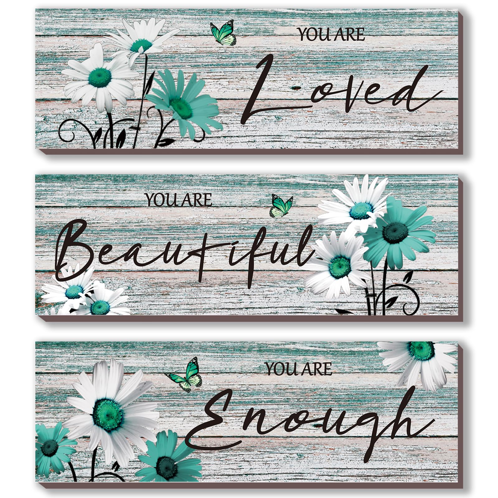 ONIZHITY 3 Pcs Teal Bathroom Decor Teal Daisy Floral Wooden Wall Decor Positive Quotes You Are Beautiful Wall Art Inspirational 