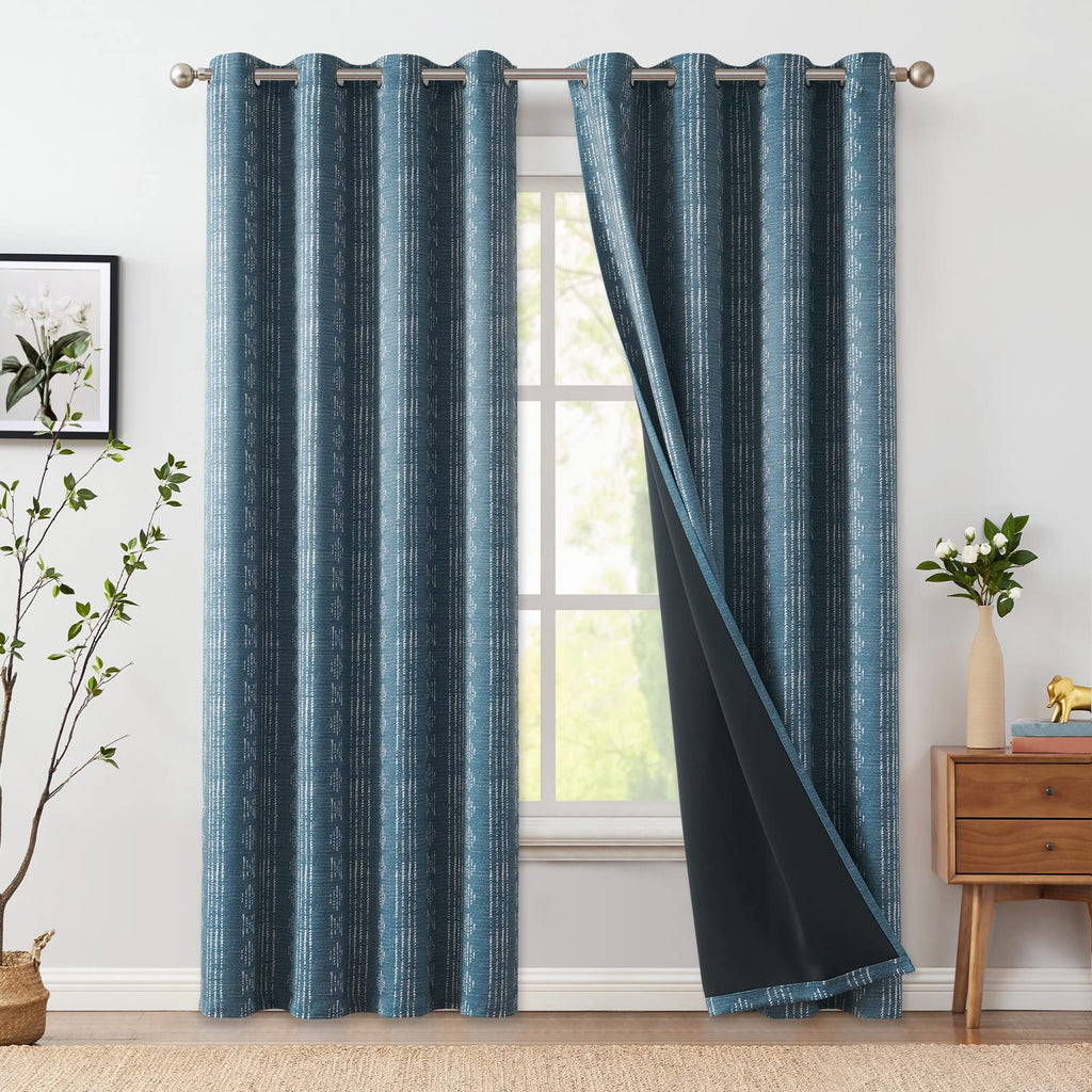 Jinchan 100% Blackout Boho Curtains 96 Inch Length For Bedroom White On Blue Geometric Printed Grommet Top Room Darkening Thermal Insulated Window Drapes 2 Panels