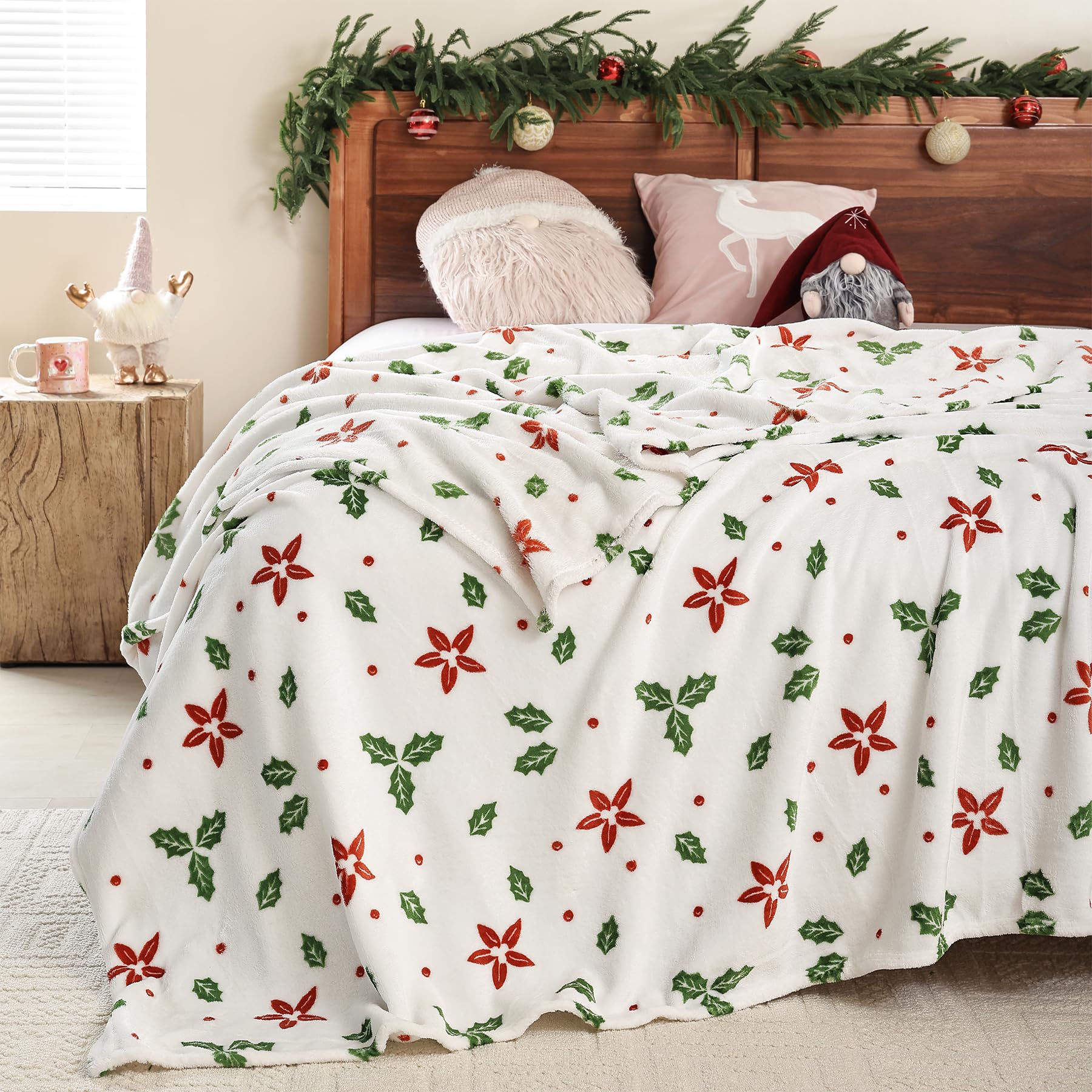Christmas Blankets King Size, Red Floral Green Leaves Thick Warm Winter Xmas Fleece Throw Blanket For Couch Sofa Bed Home D  Cor