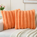 Futei Orange Decorative Throw Pillow Covers 18X18 Inch Set Of 2, Square Soft Faux Rabbit Fur Big Striped Cushion Cover,Home Deco