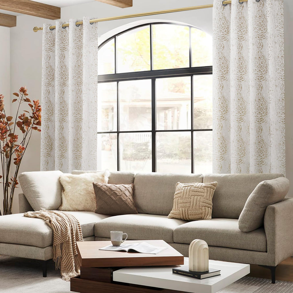 Mrs.Naturall Tan Paisley Curtains For Bedroom 96 Length 50% Blackout Boho Print Bas Relief Extra Long Tufted Curtains For Living Room,52X96 Inches Long