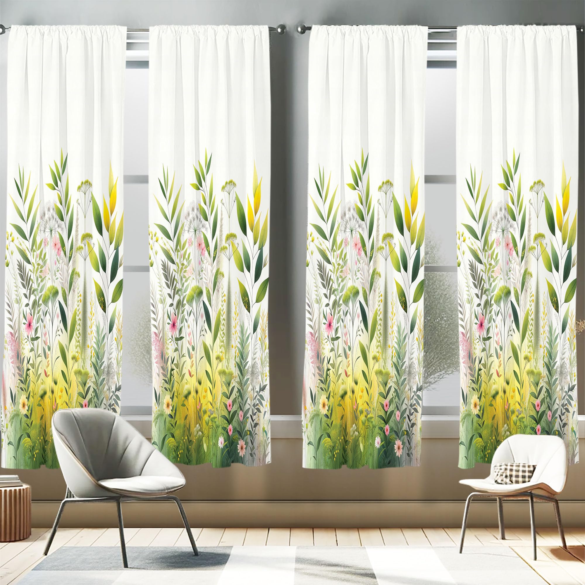 Ambesonne Nature Window Curtains Pack Of 2, Dream Garden Scene Leafy Huddle With Blush Tone Flower Details Print Boho, Lightweig