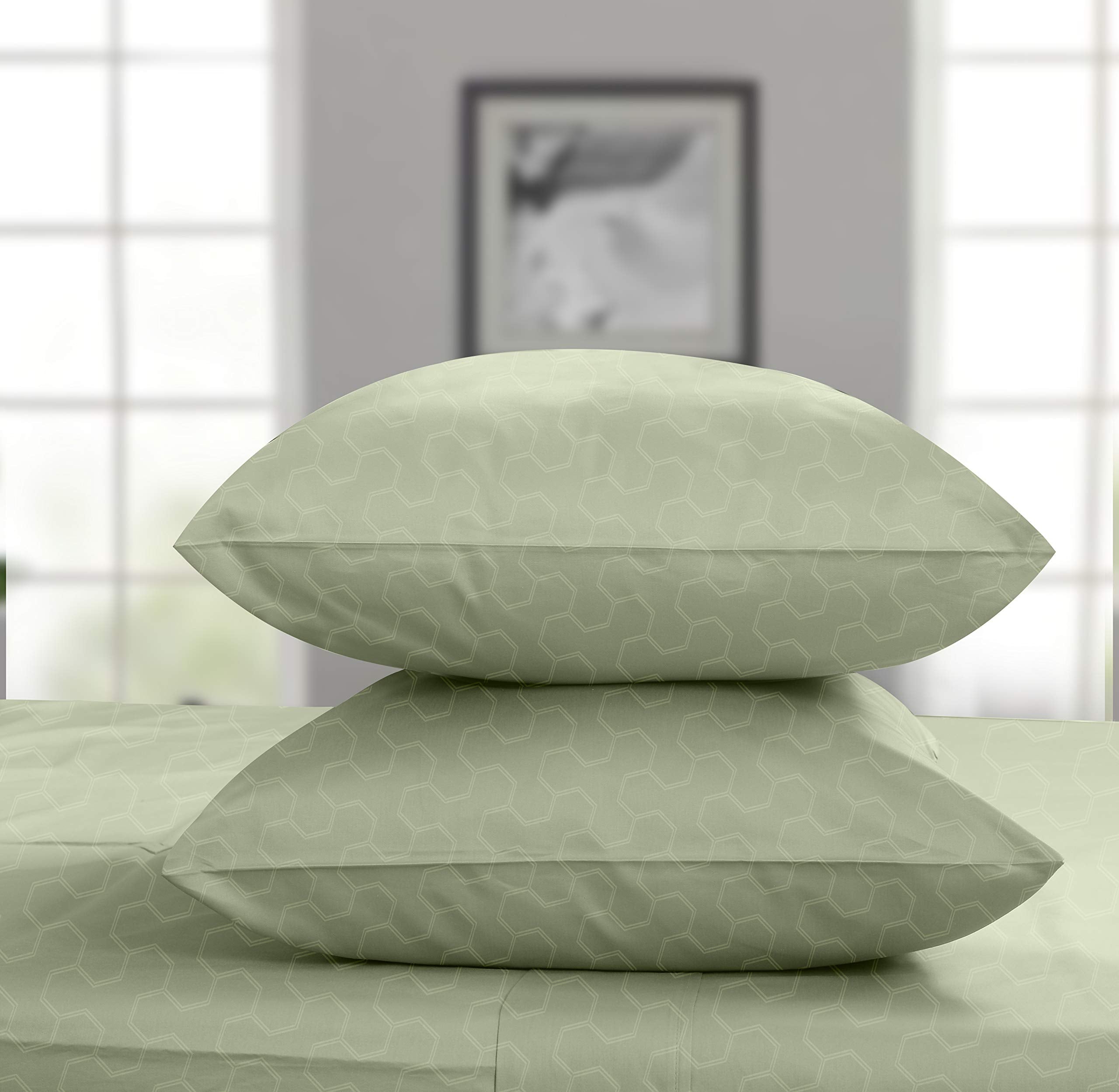 Threadmill 500 Thread Count King Size 4 Pc Luxury Cotton Bed Sheet Set, Jacquard Floria Sage Green, Silky Soft Sheets With 16''